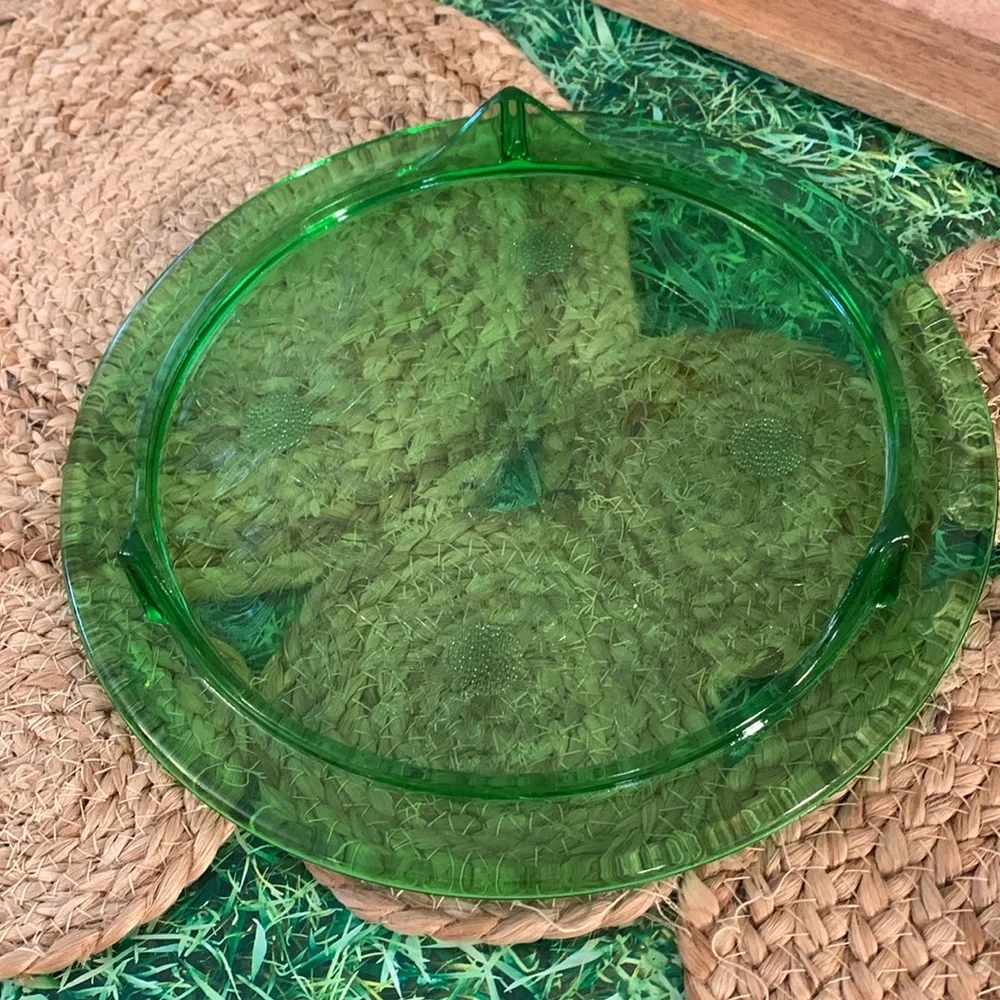 Vintage Jeanette GREEN cake stand plate, floral pattern, depression glass, EUC